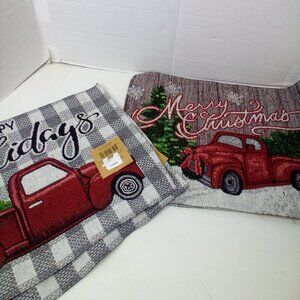 Christmas Placemat Lot of 4 Red Truck Tree Fabric 18" x 12.5" 2 Patterns